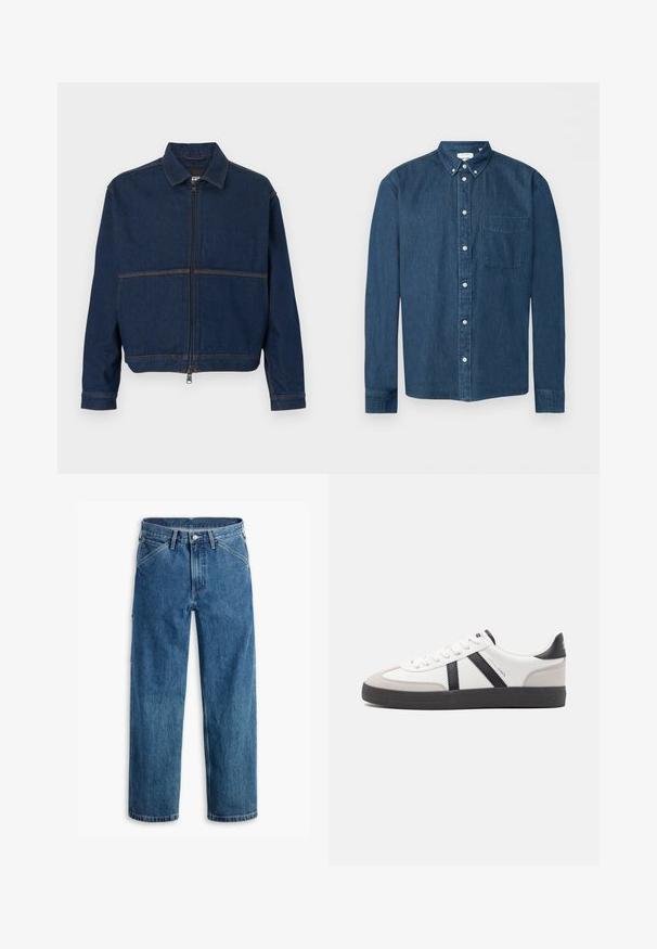 Dunkelblaue Jeansjacke mit einem Reißverschluss vorne, klassischem Kragen und zwei kontrastierenden Nähten über der Brust. Lange Ärmel mit Knopfmanschetten.; Knopfbares dunkelblaues Denim-Hemd mit langen Ärmeln, einer Brusttasche links und einem Button-Down-Kragen, dargestellt vor weißem Hintergrund.; Blaue Jeans mit geradem Bein, Vordertaschen, Gürtelschlaufen, Metallknopf und Reißverschluss auf weißem Hintergrund.; Weiße Sneaker mit schwarz- und grau-aczenten, ausgestattet mit einer strukturierten grauen Zehenkappe, schwarzer Gummi-Sohle und flachen weißen Schnürsenkeln. Sauberes Design, minimalistische Stil.