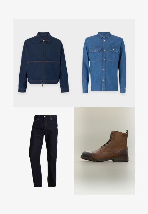 Mørkeblå denimjakke med lynlås foran, klassisk krave og to kontrasterende sømme hen over brystet. Lange ærmer med knapmanchetter.; Denim skjorte i mørkeblå, langærmet med knapmanchetter, spids krave, to brystlommer og frontknaplukning med guldfarvet hardware.; Mørkeblå denim jeans med lige pasform, med gul syning, fem lommer og en klassisk knap- og lynlås lukning.; Brun læderstøvle med snørebånd, sort tåhætte, rund sål og mærket detalje på siden mod ensfarvet baggrund.
