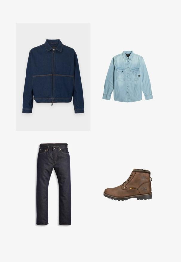 Donkerblauwe spijkerjasje met een ritssluiting aan de voorkant, een klassieke kraag en twee contrasterende naden over de borst. Lange mouwen met manchetten en knopen.; Lichtblauw denim overhemd met lange mouwen, knoopsluiting, twee frontzakken met klep en knopen, en een klassieke kraag.; Donkerblauwe denim jeans met rechte snit, vijf zakken, metalen hardware en contrasterende oranje stiksels. Glad oppervlak, geen zichtbare patronen.; Mokkaleren enkellaars met ronde neus, vetersluiting, gevoerde kraag en een getextureerde rubberen zool. Met logo en metalen accenten.
