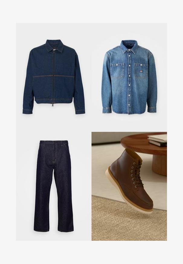 Mørkeblå denimjakke med lynlås foran, klassisk krave og to kontrasterende sømme hen over brystet. Lange ærmer med knapmanchetter.; Denimskjorte i mellemblå, med spidse kraver, to brystlommer og sølvknapper. Lange ærmer med knapmanchetter.; Mørkeblå lige ben denim jeans med forlommer, bæltestropper, lynlås og knaplukning, præsenteret foran en simpel hvid baggrund.; Brune læderankelstøvle med beige sål på et struktureret beige tæppe ved siden af et rundt træbord med stakke af bøger.