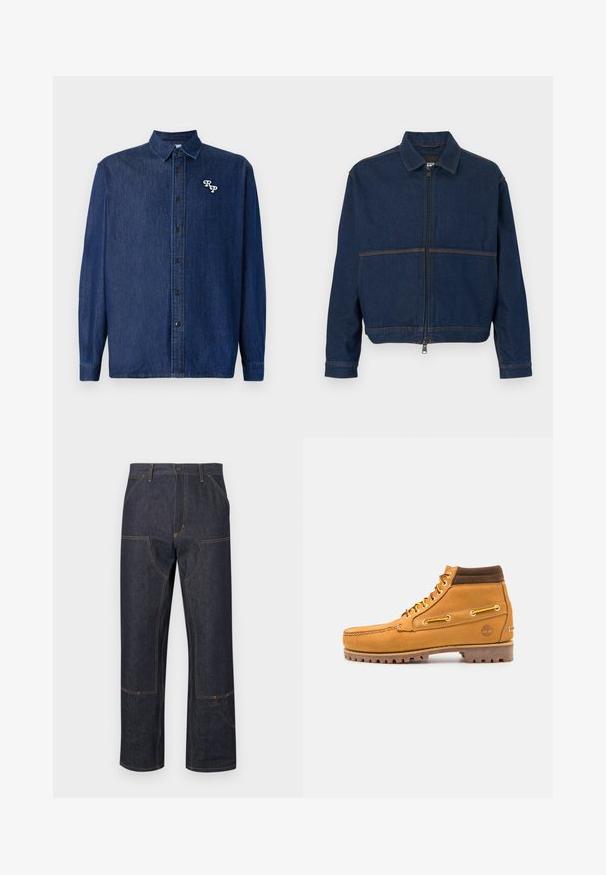Chaqueta de mezclilla azul oscuro con cremallera frontal, cuello clásico y dos costuras contrastantes en el pecho. Mangas largas con puños abotonados.; Camisa de denim azul oscuro con cierre de botones en la parte delantera, mangas largas y cuello puntiagudo. Presenta un logo "RP" bordado en blanco.; Pantalones de mezclilla oscura con un corte relajado, con costuras amarillas, bolsillos delanteros y un diseño distintivo en las costuras.; Timberland AUTHENTIC MID LACE BOOT - Botines con cordones - wheat
