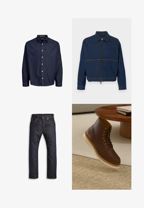 Mørkeblå denimjakke med lynlås foran, klassisk krave og to kontrasterende sømme hen over brystet. Lange ærmer med knapmanchetter.; Mørkeblå denimskjorte med knaplukning foran, lange ærmer og klassisk krave, med hvide knapper og kontrasterende syninger.; Mørkeblå denimjeans med lige snit, fem-lomme design, metalbeslag og kontrasterende orange syninger. Glat tekstur, ingen synlige mønstre.; Brune læderankelstøvle med beige sål på et struktureret beige tæppe ved siden af et rundt træbord med stakke af bøger.
