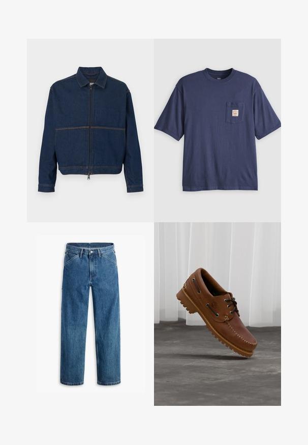 Veste en denim bleu foncé avec une fermeture éclair sur le devant, un col classique et deux coutures contrastées traversant la poitrine. Manches longues avec poignets à boutons.; T-shirt bleu marine à manches courtes avec une poche poitrine comportant une petite étiquette beige avec un texte rouge.; Jean en denim bleu à jambes droites avec poches avant, passants pour ceinture, bouton métallique et fermeture éclair sur fond blanc.; Chaussure de bateau en cuir marron avec des lacets noirs, des coutures beiges et une semelle robuste, suspendue au-dessus d'un sol en béton gris.