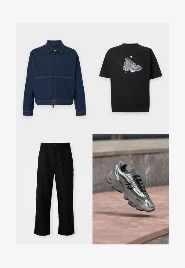 Mørkeblå denimjakke med lynlås foran, klassisk krave og to kontrasterende sømme hen over brystet. Lange ærmer med knapmanchetter.; Sort t-shirt med en grafik af en grå sneakers i rummet, med en lille astronautfigur og himmelske elementer omkring den.; Sorte lige ben bukser med bæltestropper, frontknap og lynlås lukning på ensfarvet lys baggrund.; Grå og sølvfarvet New Balance-sneaker mærket "1000", der svæver over en rosafarvet stenet overflade med en grå stenvæg i baggrunden.