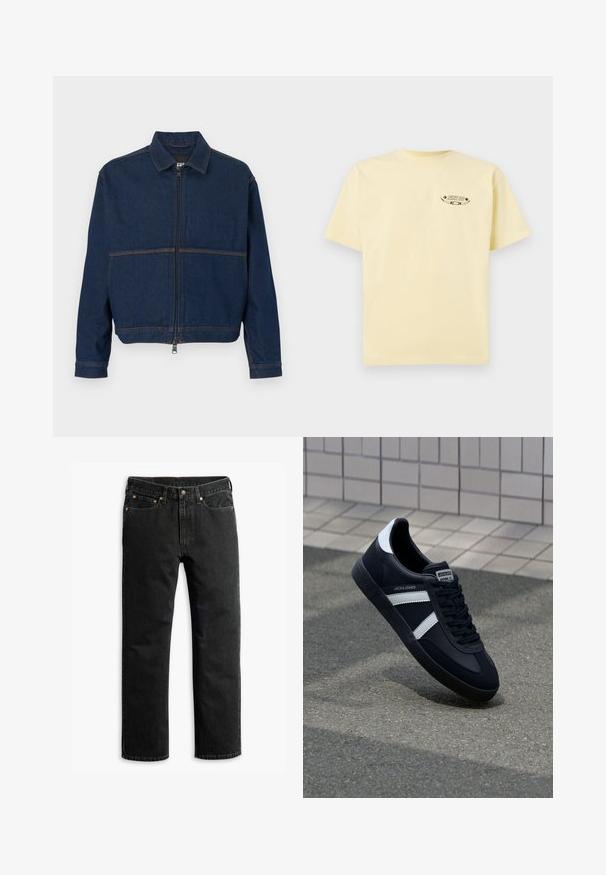 Dunkelblaue Jeansjacke mit einem Reißverschluss vorne, klassischem Kragen und zwei kontrastierenden Nähten über der Brust. Lange Ärmel mit Knopfmanschetten.; Gelbes Baumwoll-T-Shirt mit kurzen Ärmeln und Rundhalsausschnitt, mit einem bedruckten Grafiklogo im Bereich der linken Brust.; Schwarze Jeans im geraden Schnitt mit fünf Taschen, Gürtelschlaufen und einem Knopfverschluss an der Taille, flach auf einem weißen Hintergrund ausgelegt.; Schwarze Leder-Sneaker mit weißen Streifen, strukturiertem Gummisohle und Schnürung. Verfügt über ein Markenetikett auf der Zunge.