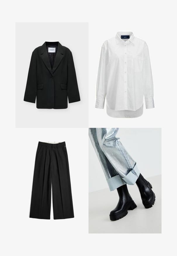 Schwarzer Ein-Knopf-Blazer mit Kerbkragen und Pattentaschen, mit "TOPSHOP" auf dem Innenkragen gekennzeichnet, auf weißem Hintergrund präsentiert.; Weißes Langarmhemd aus glattem Baumwollstoff mit Button-Down-Kragen, Brusttasche und abgerundetem Saum. Verfügt über eine Schulterpasse für zusätzliche Struktur.; Schwarze Hose mit weitem Bein, vorderen Bügelfalten, Seitentaschen, Gürtelschlaufen und Reißverschluss.; Schwarze klobige Knöchelstiefel mit strukturierten Sohlen, getragen mit silbernen metallischen Hosen, die einen hellen Denim-Bund umfassen. Minimalistisches Design, elegante Materialien.