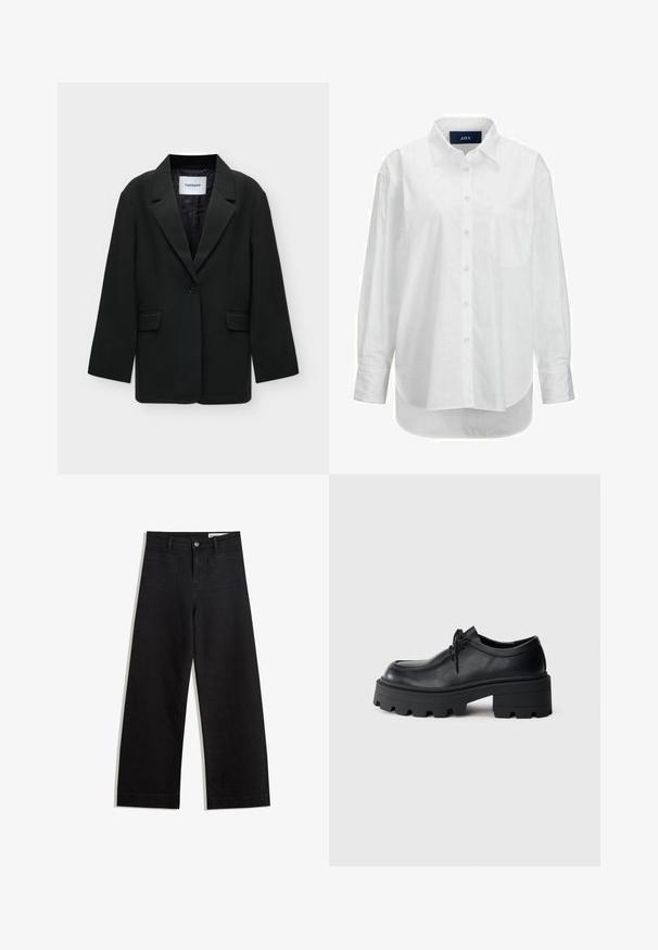 Zwarte enkelknopsblazer met inkepingsrevers en klepzakken, gelabeld met "TOPSHOP" op de binnenkraag, getoond op een witte achtergrond.; Witte lange mouwen shirt van glad katoen met een button-down kraag, voorzak en ronde zoom. Heeft een achterpand voor extra structuur.; Zwarte denim broek met wijde pijpen en een hoge taille, voorzien van voor- en achterzakken, gestikte naden en een knoopsluiting. Gladde textuur.; Zwarte leren veterschoen met een dikke, gestructureerde zwarte rubberen zool en een afgeronde neus. Voorzien van subtiele stikseldetails.