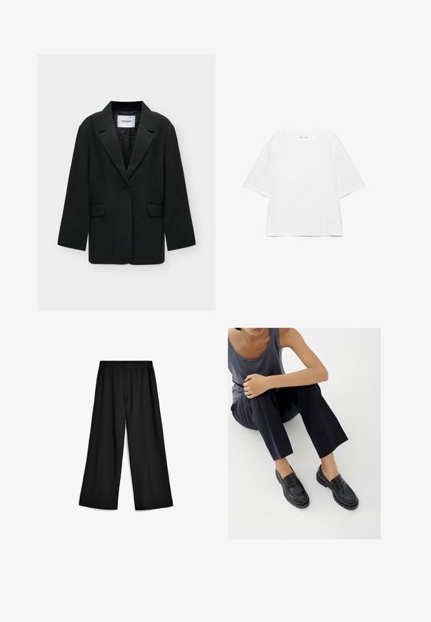 Zwarte enkelknopsblazer met inkepingsrevers en klepzakken, gelabeld met "TOPSHOP" op de binnenkraag, getoond op een witte achtergrond.; Witte oversized T-shirt met korte mouwen, ronde hals, effen ontwerp en verzonken schoudernaden op een witte achtergrond.; Zwarte wijde pantalon gemaakt van zachte, rekbare stof. Elastische tailleband met zakken aan de zijkanten. Strakke lijnen en een gladde textuur.; Zwarte leren loafers met textuurelementen, lage hak, ronde neus en zichtbare stiksels. Model draagt donkere broek en een grijze top.