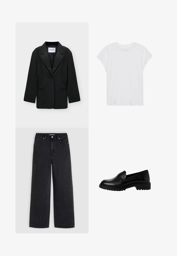 Blazer negro de un solo botón con solapas de muesca y bolsillos con solapa, etiquetado como "TOPSHOP" en el cuello interior, mostrado sobre un fondo blanco.; Camiseta blanca de manga corta con cuello redondo, corte relajado, hecha de suave tela de algodón. Textura lisa, sin estampados ni logotipos.; Vaqueros negros de pierna ancha con botón y cremallera en la parte delantera, presillas para el cinturón y diseño de cinco bolsillos sobre un fondo gris claro.; Mocasines de cuero negro con punta redondeada, tira decorativa en la parte superior y suela gruesa de goma texturizada. Acabado suave con detalles de costura sutiles.