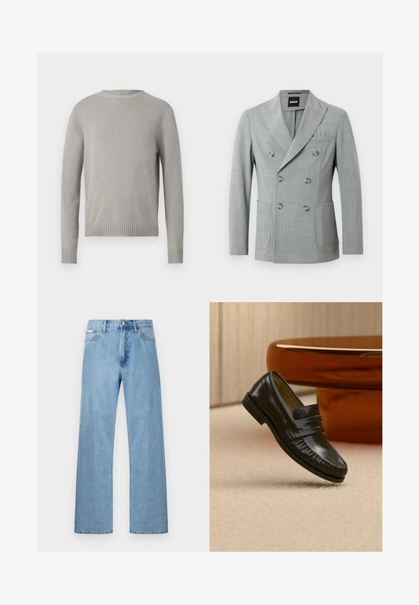 Grå, dobbeltbrystet blazer med to frontlommer, spidse slag og seks runde sølvknapper. Lavet af et struktureret, letvægtsstof.; Lys grå strikket sweater med rund halsudskæring, ribbede manchetter og kant. Har et struktureret stof i en ensfarvet farve uden mønstre.; Lyseblå straight-leg jeans i denim med fem-lomme-design og knaplukning i taljen, vist mod en ensfarvet baggrund.; Skinnende sort læderloafer med remdetalje, placeret på beige tæppe nær et rundt brunt sofabord i et blødt oplyst rum.