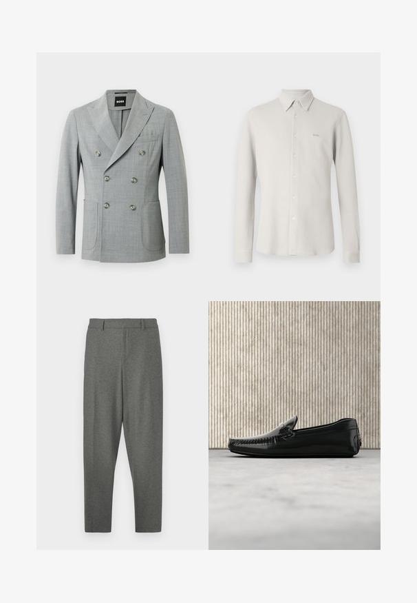 Grå, dobbeltbrystet blazer med to frontlommer, spidse slag og seks runde sølvknapper. Lavet af et struktureret, letvægtsstof.; Lysegrå skjorte med knapper foran, tekstureret stof, krave og lange ærmer; har et diskret "BOSS"-logo på brystet.; Grå skræddersyede bukser lavet af et blødt stof. Har en talje, bæltestropper og et tapered ben-design. Glat tekstur, ingen mønstre.; Sorte læder loafers med en blank overflade, rund tå og dekorativt hardware foran. Lavprofil gummisål. Glat tekstur.