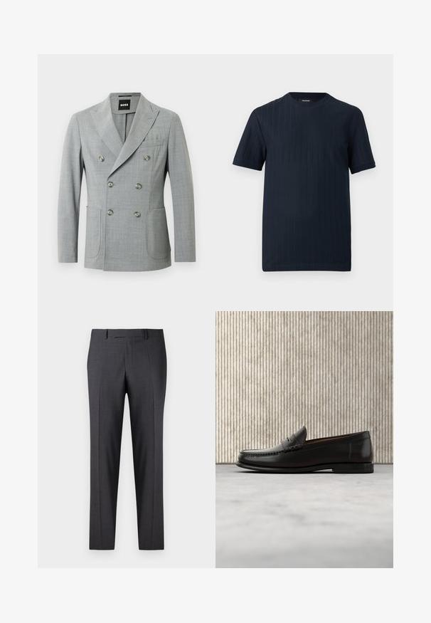Grijze, dubbelgeknoopte blazer met twee voorkezen, pieklapels en zes ronde zilveren knopen. Gemaakt van een gestructureerde, lichte stof.; Marineblauw T-shirt met korte mouwen en een ronde hals, met een subtiele verticale geribbelde textuur op een effen achtergrond.; Op maat gemaakte donkergrijze broeken van een soepel, gestructureerd weefsel; heeft een vlakke voorkant en rechte pijpen; minimalistisch ontwerp zonder zichtbare accenten.; Zwarte leren penny loafer met lage hak, afgeronde neus en gestikte details langs de voorkant en zijkanten, afgebeeld op een neutrale achtergrond.