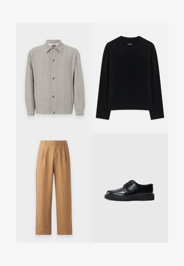 Grå ternetjakke lavet af tekstureret stof, med krave, frontlukning med knapper og lange ærmer.; Sort sweater lavet af blødt stof, med rund hals, lange ærmer, afslappet pasform og ribbet kant. Enkelt, ensfarvet design uden mønstre.; Brune, brede bukser lavet af glat stof. Har høj talje med folder, bæltestropper og en enkelt frontlomme.; Sorte læder snøresko med rundet snude, glat finish og tekstureret sort gummisål. Minimalistisk design uden synlige mønstre.