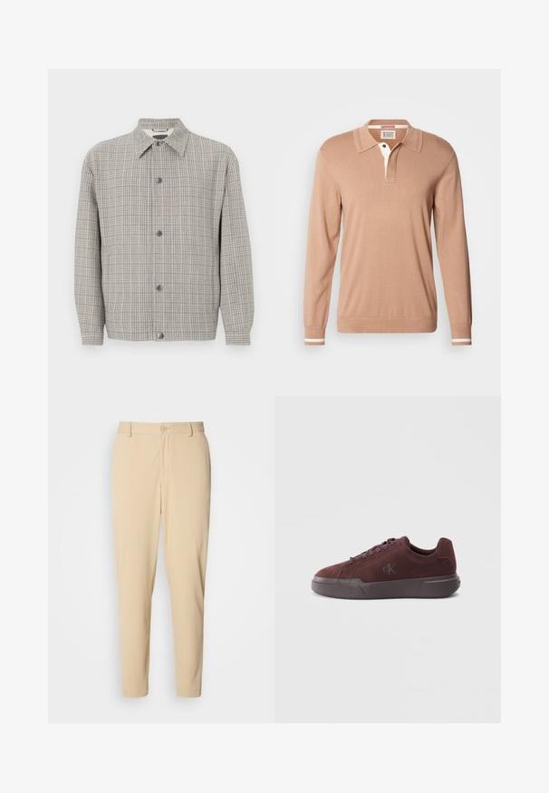 Grijze geruite jas van gestructureerde stof, met een kraag, sluiting met knopen aan de voorkant en lange mouwen.; Scotch & Soda LONG SLEEVE POLO - Trui - tannin; Beige, textuur broek met een slim fit, voorzien van een sluiting met een voorknop, ceintuurlussen en zijzakken. Glad stoffen afwerking.; Bordeaux suède sneaker met een rubberen zool, voorzien van ronde veters en een subtiele, geïmplanteerde logo op de zijkant voor branding.