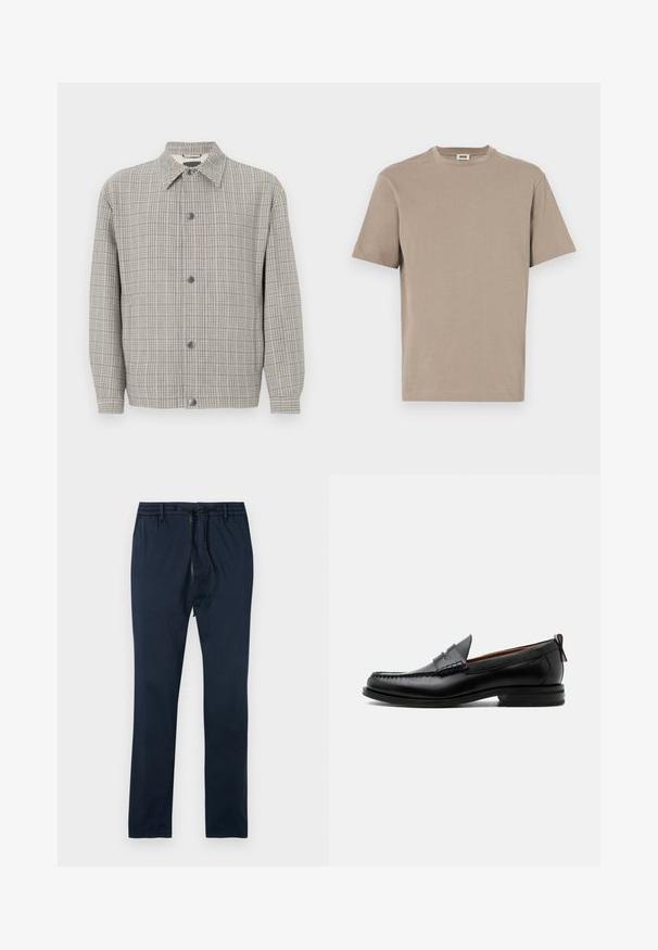 Veste à carreaux grise en tissu texturé, avec un col, une fermeture à boutons à l'avant et des manches longues.; T-shirt en coton beige avec un col rond, des manches courtes et un ourlet droit. Texture lisse, design minimal, sans graphiques ni accents visibles.; Pantalons en coton bleu marine avec une taille élastique et un cordon de contraste. Conception à jambe droite avec une texture lisse et sans motifs supplémentaires.; Mocassin homme en cuir noir avec couture moc toe, bride penny, col texturé et petit talon empilé sur fond blanc.