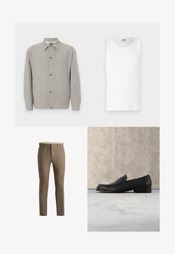 Grijze geruite jas van gestructureerde stof, met een kraag, sluiting met knopen aan de voorkant en lange mouwen.; Witte katoenen mouwloze tanktop met een ronde halslijn en een gladde textuur. Eenvoudig ontwerp, geen patronen of accenten.; Bruine linnen broek met een gestructureerde afwerking. Kenmerkt zich door een klassieke snit, zijzakken en een discrete sluiting aan de voorkant.; Zwarte leren loafer zweeft boven een beige tapijt met op de achtergrond een glanzende, ronde, bruine tafel.