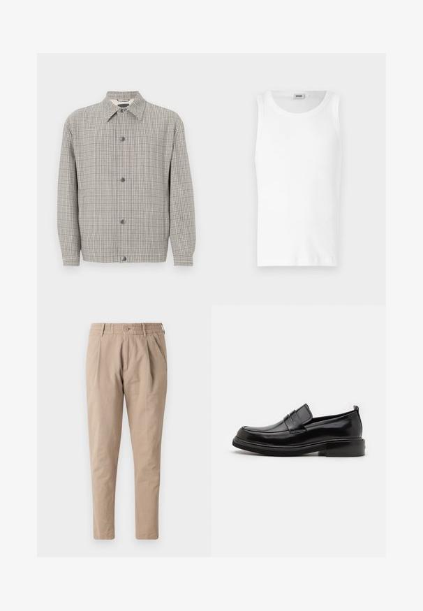 Veste à carreaux grise en tissu texturé, avec un col, une fermeture à boutons à l'avant et des manches longues.; Débardeur en coton blanc sans manches avec un col rond et une texture lisse. Design simple, sans motifs ni accents.; Pantalons en coton beige avec une coupe décontractée, taille élastique, fermeture à bouton et poches latérales. Texture lisse, conception à jambes fuselées.; Calvin Klein MOCCASIN - Mocassins de ville - black