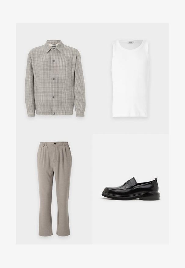 Veste à carreaux grise en tissu texturé, avec un col, une fermeture à boutons à l'avant et des manches longues.; Débardeur en coton blanc sans manches avec un col rond et une texture lisse. Design simple, sans motifs ni accents.; Pantalons gris clair avec une coupe décontractée, fabriqués en tissu doux, présentant une taille élastique, des plis et une fermeture à un bouton.; Calvin Klein MOCCASIN - Mocassins de ville - black