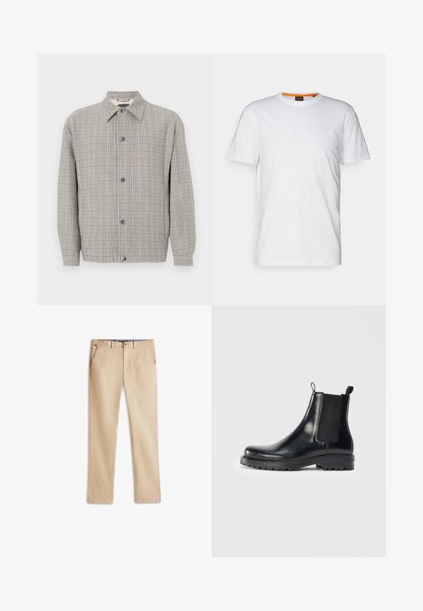Veste à carreaux grise en tissu texturé, avec un col, une fermeture à boutons à l'avant et des manches longues.; T-shirt en coton blanc avec un col rond, des manches courtes et un logo en relief subtil sur la poitrine. L'étiquette intérieure a une touche d'orange.; Chino beige en coton, avec une coupe droite, deux poches avant et un logo discret sur la ceinture.; Bottes Chelsea en cuir noir avec des panneaux élastiques sur les côtés, une languette pour un enfilage facile et une semelle en caoutchouc robuste avec une adhérence texturée.