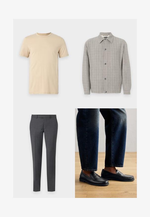 Veste à carreaux grise en tissu texturé, avec un col, une fermeture à boutons à l'avant et des manches longues.; T-shirt en coton beige à manches courtes, avec un col rond et un texte LOGO en relief sur le devant. Tissu lisse et coupe standard.; Pantalons ajustés gris avec une texture lisse, coupe droite, devant plat et passants de ceinture. Présente un motif à carreaux subtil et un pli sur le devant.; Mocassins en cuir noir avec des coutures et des accents texturés, portés avec un jean foncé, mettant en avant un design décontracté et épuré.