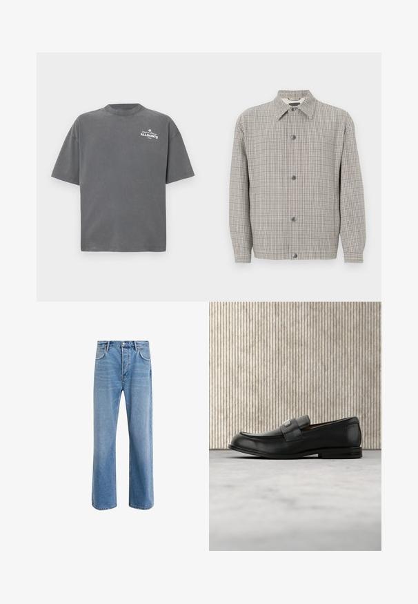 Grau kariertes Jackett aus strukturiertem Stoff, mit Kragen, vorderem Knopfverschluss und langen Ärmeln.; Dunkelgraues T-Shirt mit kurzen Ärmeln und Rundhalsausschnitt mit kleinem weißen "ALLSAINTS"-Logo auf der oberen linken Brust.; Helle blaue Jeans im Geradeschnitt-Design, mit fünf Taschen, Knopfverschluss, minimaler Ausbleichung und kontrastierenden Nähdetails.; Schwarzer Lederloafer mit einer Metallmarkenplatte, der nahe einem braunen runden Tisch auf beigem Teppichboden ruht.