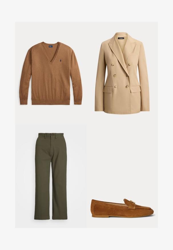 Beige double-breasted blazer met zes knopen, brede revers, twee voorzakken met klep en een borstpaspelzak, op maat gemaakt voor een aansluitende pasvorm.; Bruine V-hals trui met lange mouwen en een klein donkerblauw Polo Ralph Lauren-logo aan de linkerkant van de borst, plat gelegd op een witte achtergrond.; Olijfgroene broeken met een rechte pijp, knoopsluiting en zijzakken. Gemaakt van een gladde stof met een subtiele glans en nette stikseldetails.; Bruine suède platte loafer met een gouden metalen gespdetail bovenop en een lage hakzool.