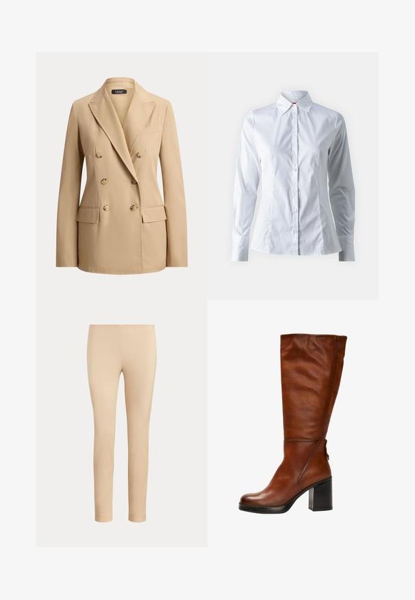Beige dobbeltbrystet blazer med seks knapper, brede reverser, to frontlommer med klap og en brystlomme med åbning, skræddersyet til en figursyet pasform.; Hvid skjorte med lange ærmer, spidse krave, tætsiddende design, glat bomuldsstof og frontlukning med knapper.; Beige slim-fit ankellange bukser med en glat finish og uden synlige lommer eller pynt på en ensfarvet baggrund.; Brune læder knæhøje støvler med rund tå, chunky sort hæl og subtile syninger foran og bagpå.