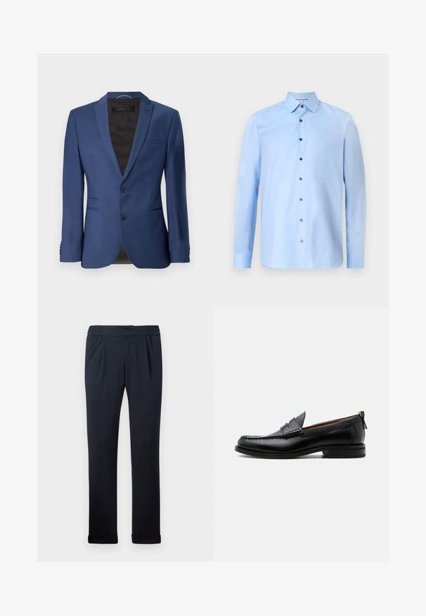 Donkerblauwe op maat gemaakte blazer, enkelvoudig met twee knopen, met revers, zijzakken en een textuurstof met subtiele glans.; Lichtblauwe button-up shirt van textuur stof, met een klassieke kraag en contrasterende donkere knopen aan de voorkant. Lange mouwen.; Marineblauwe broek gemaakt van zachte stof, met een elastische tailleband, plooien aan de voorkant en cuffs aan de onderkant. Glad oppervlak, minimalistisch ontwerp.; Zwarte leren herensloffen met moc toe stiksel, pennyriem, gestructureerde kraag en lage gestapelde hak op witte achtergrond.