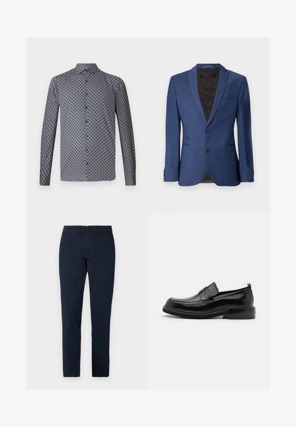 Blazer ajusté bleu foncé, à un bouton avec deux boutons, revers cranté, poches latérales et tissu texturé avec un léger éclat.; Chemise à manches longues de couleur bleu marine foncé avec un motif floral blanc répété. Dotée d'un col pointu et de boutons sur le devant. Texture de tissu lisse.; Pantalon noir slim fit pour homme avec fermeture avant par bouton et zip, passants de ceinture et poches latérales.; Calvin Klein MOCCASIN - Mocassins de ville - black
