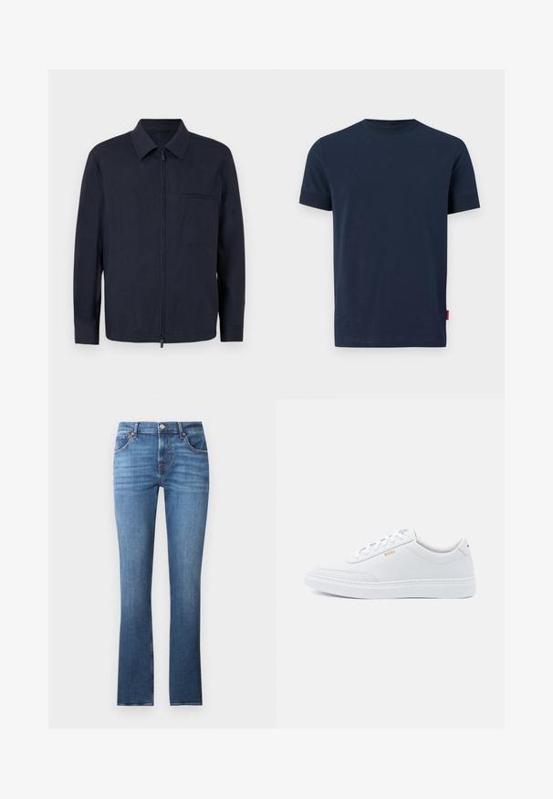Marineblaues Jackett aus leichtem Stoff, mit einem Reißverschluss vorne, einem Kragen und einer Brusttasche. Lange Ärmel mit geknöpften Manschetten.; Navyblaue Baumwoll-T-Shirt mit kurzen Ärmeln, Rundhalsausschnitt und einem kleinen roten Etikett-Akzent am unteren linken Saum. Weiche Textur, schlichtes Design.; Blaue Jeans aus Denim mit geradem Bein, leicht ausgebleicht, fünf Taschen und Metallbeschlägen. Der Bund ist mit Gürtelschlaufen ausgestattet.; Weiße Leder-Sneaker mit glatter Textur, runder Zehenpartie und tonal abgestepptem Design. Mit blauen Schnürsenkeln und einem goldenen Logo an der Seite.