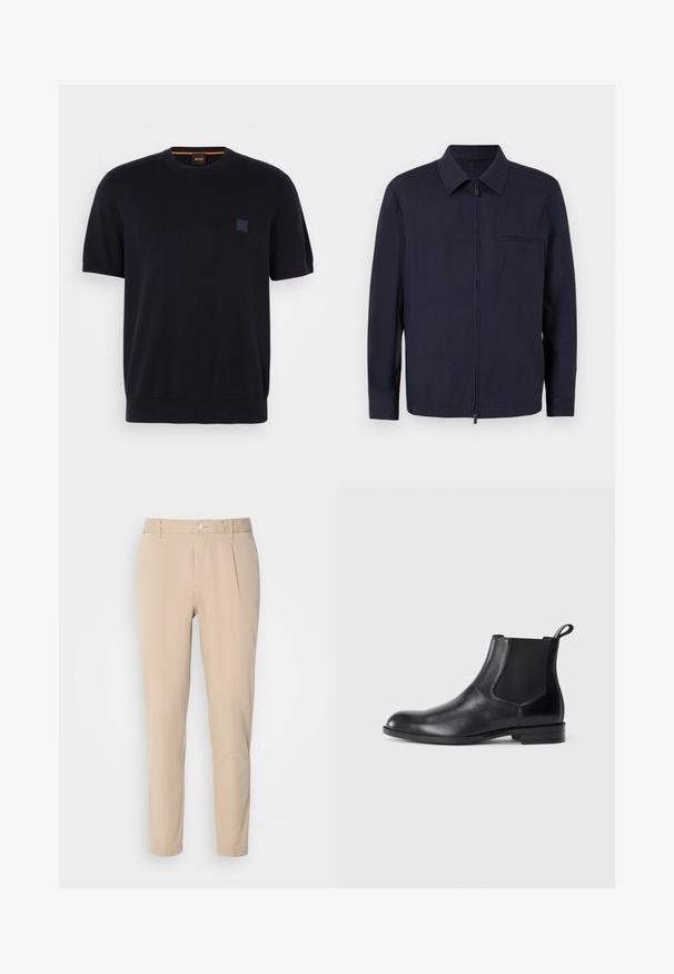 Veste bleu marine en tissu léger, dotée d'une fermeture éclair sur le devant, d'un col et d'une poche poitrine. Manches longues avec poignets boutonnés.; Pull en maille bleu marine à manches courtes avec un col rond, des poignets et un ourlet côtelés. Comprend un petit patch logo en relief sur la poitrine.; Pantalon beige à coupe slim, fabriqué en tissu tissé. Équipé d'une fermeture à un bouton, d'un devant plissé et de jambes droites.; Bottine en cuir noir avec des panneaux latéraux élastiques, bout rond et tirette. Texture lisse, semelle plate, design minimaliste.