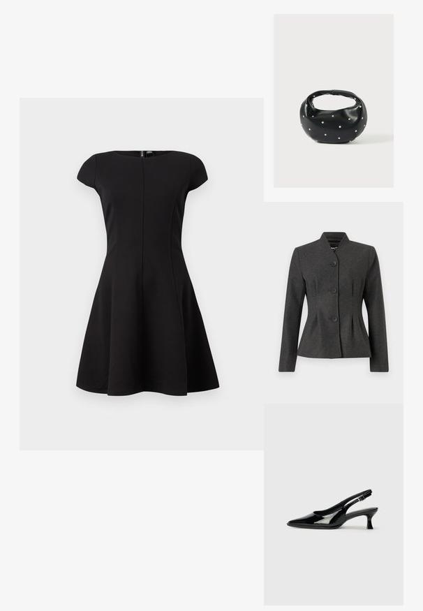 Chaqueta gris entallada con un diseño estructurado, que presenta un cuello alto y cuatro botones negros. La tela tiene una textura suave y un ligero brillo.; Vestido negro de manga corta con cuerpo ajustado y falda acampanada. Tela suave, diseño hasta la rodilla y cremallera trasera oculta.; Zapatos de charol negro tipo slingback con punta afilada y tacón bajo. Correa ajustable con hebilla en el tobillo.; Bolso de mano de cuero negro con forma redondeada, decorado con detalles de tachuelas plateadas y un asa corta. Textura lisa y cierre con cremallera.