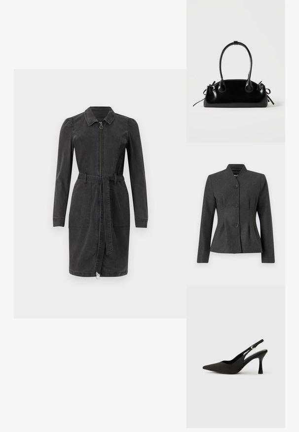 Chaqueta gris entallada con un diseño estructurado, que presenta un cuello alto y cuatro botones negros. La tela tiene una textura suave y un ligero brillo.; Vestido de mezclilla negro con cuello tipo camisa, mangas largas, cierre frontal de cremallera y cintura ceñida con cinturón. Cuenta con dos bolsillos frontales y un dobladillo recto.; Zapatos de tacón negro tipo slingback con puntera afilada, acabado mate suave y un tacón delgado y brillante. Correa ajustable con detalle de hebilla pequeña.; Pequeño bolso negro brillante con dos asas largas y detalles de cordón lateral sobre un fondo claro liso.