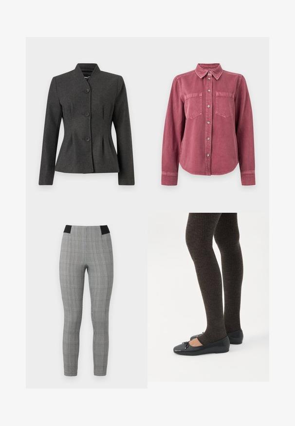 Chaqueta gris entallada con un diseño estructurado, que presenta un cuello alto y cuatro botones negros. La tela tiene una textura suave y un ligero brillo.; Camisa de manga larga en color rosa desvaído con botones, cuello y dos bolsillos en el pecho, mostrada sobre un fondo blanco liso.; Leggings de cuadros grises con un diseño ajustado, que presentan una cinturilla elástica negra y bolsillos laterales. Tela texturizada con un patrón de cuadros.; Piernas con leggings oscuros acanalados combinados con bailarinas negras que presentan pequeños detalles de lazo sobre un fondo blanco.