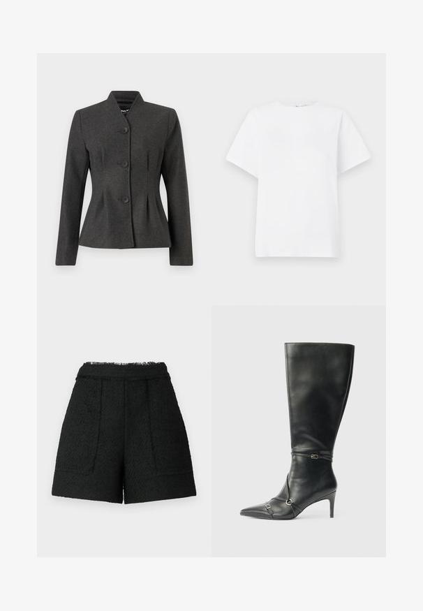 Chaqueta gris entallada con un diseño estructurado, que presenta un cuello alto y cuatro botones negros. La tela tiene una textura suave y un ligero brillo.; Camiseta blanca de manga corta hecha de algodón. Presenta un cuello redondeado, un corte relajado y una textura suave sin patrones ni acentos.; Pantalones cortos negros de tela texturizada con un dobladillo deshilachado, que cuentan con dos bolsillos frontales y un ajuste entallado.; Botas negras de cuero hasta la rodilla con tacón delgado, punta afilada y detalles de diseño con correas en el tobillo. Textura suave y diseño ajustado.