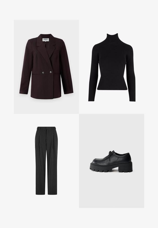 Mørkeburgundy dobbeltradet blazer med pindstribet mønster, reverskrave, to store knapper og sidelommer. Glat stofstruktur.; Sort ribbet turtleneck sweater med lange ærmer, tætsiddende silhuet, tekstureret stof og høj hals.; Sorte pinstripe bukser med høj talje, plisseret front og lige ben design. Stoffet ser struktureret ud og er skræddersyet til et formelt look.; Sort læder snørebåndssko med en tyk, tekstureret sort gummisål og en rund tå. Har subtile syninger.
