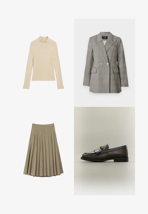 Blazer de cuadros gris con un frente de doble botonadura, grandes solapas, dos bolsillos frontales y botones plateados. Tejido texturizado con un ajuste estructurado.; Top de punto acanalado de manga larga en color blanco roto con cuello alto y corte ajustado. Presenta una textura vertical y un dobladillo cropped.; Falda midi plisada beige con cintura alta, pliegues verticales distribuidos uniformemente y silueta acampanada en forma de línea A.; Mocasín de cuero marrón oscuro con detalle de flecos y hebilla dorada en suela negra, mostrado de lado sobre un fondo neutro.