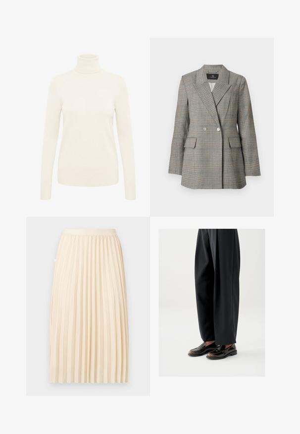 Blazer à carreaux gris avec un devant double boutonnage, de grands revers, deux poches avant et des boutons argentés. Tissu texturé avec une coupe structurée.; Pull à col roulé crème fabriqué à partir d'un tissu en maille doux. Il dispose de manches longues et de poignets et d'un ourlet côtelés.; Jupe midi plissée de couleur crème avec une ceinture ajustée, suspendue droite sur un fond uni.; Mocassins noirs en cuir brillant, avec une lanière décorative sur le dessus, assortis à un pantalon noir ample.