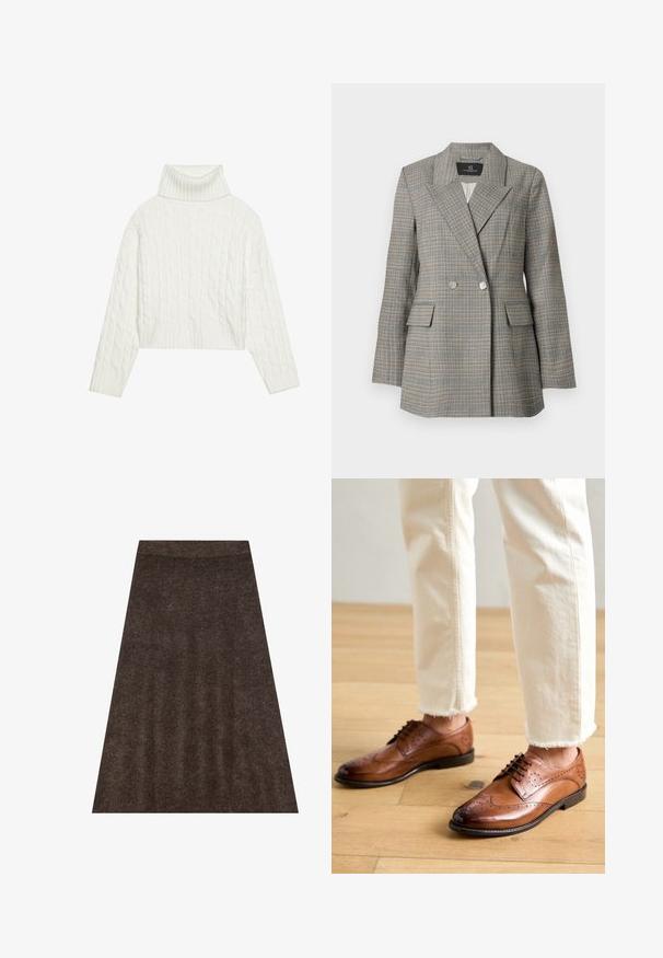 Blazer à carreaux gris avec un devant double boutonnage, de grands revers, deux poches avant et des boutons argentés. Tissu texturé avec une coupe structurée.; Pull à col roulé en maille blanche, avec une coupe courte, doté de poignets et d'un ourlet côtelés. Texture douce avec un design épais et confortable.; Jupe en tricot marron avec une conception évasée, une taille élastique et une texture subtile. Le tissu semble doux et chaud.; Chaussures brogues en cuir marron avec des détails perforés, bout arrondi et finition lisse, associées à un pantalon crème à ourlet effiloché.