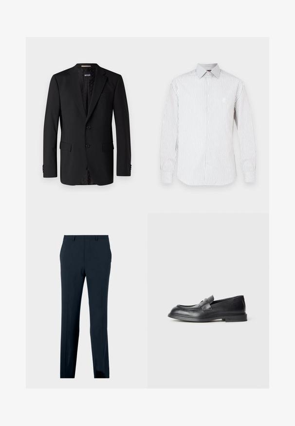 Sort blazer lavet af glat stof, med to forlommer, to knapper og et mønstret indre. Klassisk skræddersyet design.; Hvid langærmet skjorte med tynde, lodrette grå striber, knaplukning foran, spids krave og broderet logo på brystet.; Marineblå formelle bukser med bæltestropper, forlommer og lige ben, præsenteret på en neutral baggrund.; Sorte læder loafers med en struktureret finish, der har en dekorativ frontrem og en rundet tå. Gummisål for holdbarhed.