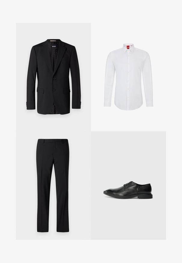 Schwarzer Blazer aus glattem Stoff, ausgestattet mit zwei Fronttaschen, zwei Knöpfen und einem gemusterten Innenfutter. Klassisches, tailliertes Design.; Weißes Langarmhemd mit Kragen, ausgestattet mit einer durchgehenden Knopfleiste und weichem, glattem Stoff. Keine Muster oder Akzente sichtbar.; Schwarze, maßgeschneiderte Hose mit geradem Bein, ausgestattet mit einer glatten Textur, gefaltetem Vorderteil und einem klassischen Bund für ein formelles Erscheinungsbild.; Schwarze Lederdressschuhe mit glatter Textur, spitzer Zehenform, sechs Ösen-Schnürdesign und niedrigem rechteckigem Absatz. Dezentes Branding-Detail an der Seite.