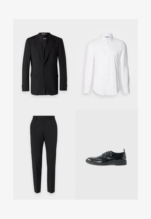 Zwarte blazer van gladde stof, met twee zijzakken, twee knopen en een gestreepte voering. Klassiek en getailleerd ontwerp.; Witte lange mouwen shirt van gladde stof, met een klassieke kraag en een knoopsluiting aan de voorkant met een gebogen zoom. Knopen hebben een subtiele glans.; Zwarte broek met een maatwerkontwerp, met een vlakke voorkant, plooidetails en een slanke pasvorm. Gemaakt van een gladde stof voor een verfijnde uitstraling.; Glanzende zwarte lederen nette schoen met lage hak, vetersluiting en ronde neus, van opzij getoond tegen een effen lichte achtergrond.