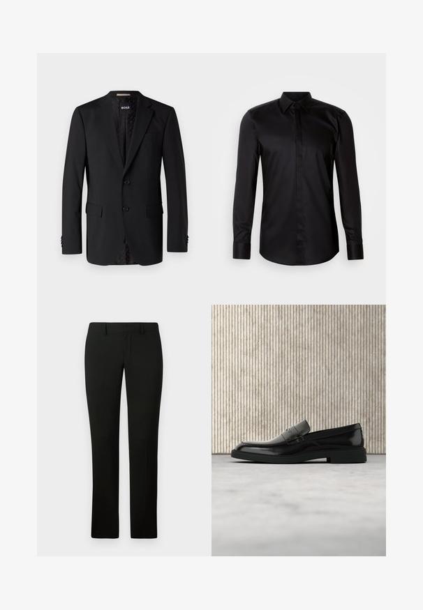 Blazer negro hecho de tela suave, con dos bolsillos frontales, dos botones y un interior con estampado. Diseño clásico y ajustado.; Camisa negra de manga larga con botones, confeccionada en tela suave. Cuenta con cuello clásico, abotonadura frontal y puños de contraste.; Pantalones negros con un corte a medida, que presentan una textura suave y un diseño de pierna recta. La cintura tiene pasadores para cinturón y un acabado limpio.; Zapato loafer de cuero negro pulido flotando sobre una alfombra beige con muebles translúcidos naranjas de fondo.
