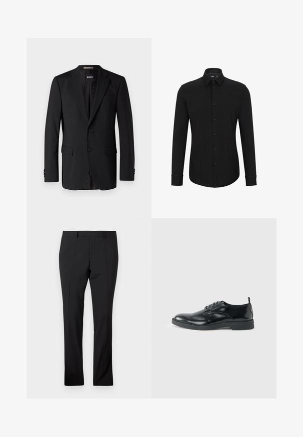 Schwarzer Blazer aus glattem Stoff, ausgestattet mit zwei Fronttaschen, zwei Knöpfen und einem gemusterten Innenfutter. Klassisches, tailliertes Design.; Schwarzes Langarmshirt aus strukturierter Stoff, mit Knopfverschluss vorne, spitzem Kragen und abgerundetem Saum.; Schwarze maßgeschneiderte Hose mit Gürtelschlaufen, vorderer Bügelfalte und geradem Beinaufschnitt auf einem schlichten weißen Hintergrund.; Glänzender schwarzer Lederschuh mit niedrigem Absatz, Schnürverschluss und runder Kappe, seitlich auf hellem, schlichten Hintergrund gezeigt.