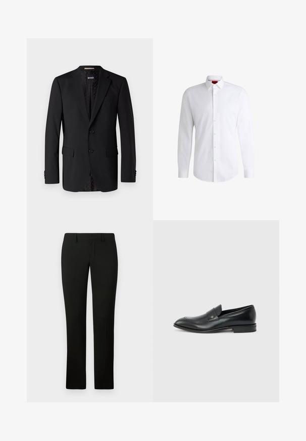 Blazer negro hecho de tela suave, con dos bolsillos frontales, dos botones y un interior con estampado. Diseño clásico y ajustado.; Camisa blanca de botones, confeccionada en tela suave, con collar clásico, mangas largas y dobladillo curvado. Presenta botones beige en la parte delantera.; Pantalones negros con un corte a medida, que presentan una textura suave y un diseño de pierna recta. La cintura tiene pasadores para cinturón y un acabado limpio.; Mocasín de cuero negro para hombre con tacón bajo, punta redondeada y pequeño logo metálico en la correa, mostrado de perfil sobre un fondo liso.