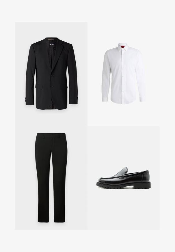 Blazer negro hecho de tela suave, con dos bolsillos frontales, dos botones y un interior con estampado. Diseño clásico y ajustado.; Camisa blanca de botones, confeccionada en tela suave, con collar clásico, mangas largas y dobladillo curvado. Presenta botones beige en la parte delantera.; Pantalones negros con un corte a medida, que presentan una textura suave y un diseño de pierna recta. La cintura tiene pasadores para cinturón y un acabado limpio.; Mocasín de cuero negro con suela de goma gruesa, empeine cosido y nombre de la marca en relieve en el talón, mostrado en perfil lateral sobre fondo blanco.