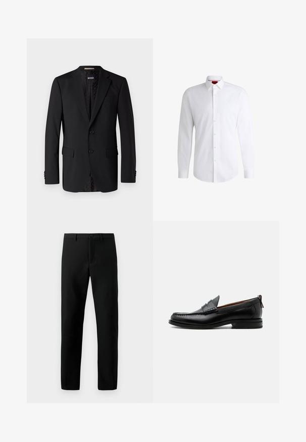 Must have, sametooted mustri, millel on kaks esikotit, kaks nuppu ja mustriline vooder. Klassikaline kohandatud disain.; Valge nööbiga särk, mis on valmistatud siledast kangast, klassikalise krae, pikkade varrukate ja kaarduva äärega. Esiküljel on beežid nööbid.; Mustadest kangast pükstest, mis on valmistatud siledast materjalist, millel on nööpkinni ja sirge jalgekujundus, ning ilma nähtavate mustriteta, kus on selged jooned.; Mustast nahast meeste mokasiin, millel on moc varbaõmblus, penny rihm, tekstuuriga krae ja madal virnastatud konts valgel taustal.