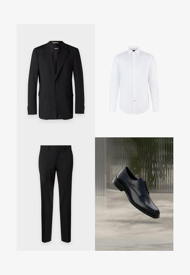 Blazer noir en tissu lisse, comportant deux poches avant, deux boutons et une doublure à motifs. Design classique et ajusté.; Chemise blanche à manches longues en tissu lisse, avec une fermeture à boutons à l'avant, un col pointu et un ourlet arrondi. Accent notable d'un bouton de marque.; Pantalons noirs ajustés en tissu lisse, présentant une jambe droite, des détails de pli raffinés et une taille classique avec passants de ceinture.; Chaussure habillée en cuir noir à finition lisse, design à lacets, bout arrondi et coutures discrètes, posée sur un fond neutre.