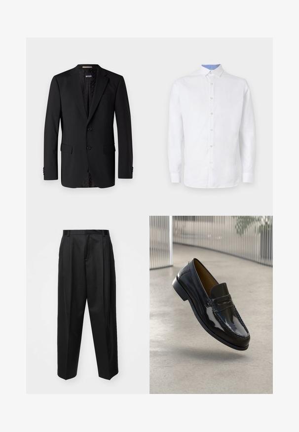 Must have, sametooted mustri, millel on kaks esikotit, kaks nuppu ja mustriline vooder. Klassikaline kohandatud disain.; Valge pika varrukaga särk, millel on nööbiga esikülg, kaeluses ja mansettides on helesinine ruuduline muster. Sile kangastekstuurne.; Mustad ülipikkade varrukatega püksid, millel on kõrge talje, laiad sääred ja teravad voldid. Valmistatud sileda materjaliga, millel on vöölink ja ilma nähtava riistvarata.; Must musta nahk kingad, millel on õmmeldud aktsent, ümar varvas, madal konts ja sile pind, esitatud neutraalse tausta taustal.