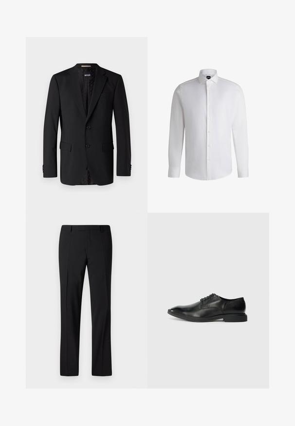 Schwarzer Blazer aus glattem Stoff, ausgestattet mit zwei Fronttaschen, zwei Knöpfen und einem gemusterten Innenfutter. Klassisches, tailliertes Design.; Weißes Langarmhemd aus glattem Baumwollstoff, mit klassischem Kragen, durchgehender Knopfleiste und geknöpften Manschetten. Minimalistisches Design.; Schwarze, maßgeschneiderte Hose mit geradem Bein, ausgestattet mit einer glatten Textur, gefaltetem Vorderteil und einem klassischen Bund für ein formelles Erscheinungsbild.; Schwarze Lederdressschuhe mit glatter Textur, spitzer Zehenform, sechs Ösen-Schnürdesign und niedrigem rechteckigem Absatz. Dezentes Branding-Detail an der Seite.